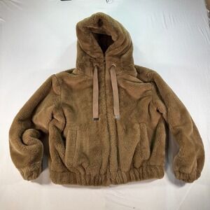 Zara Faux Fur Hooded Jacket Women's XS Brown Full Zip Front Plush‎ Teddy Coat